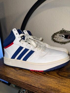 Kids adidas White High-Top Sneakers with Navy and Red Accents